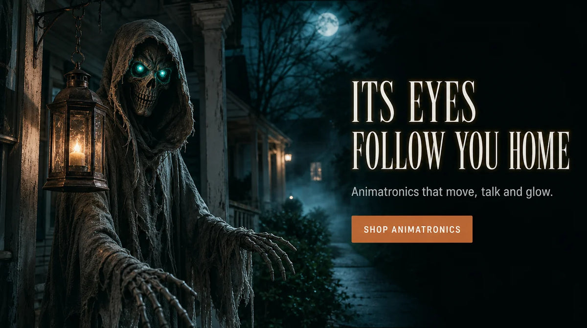 ITS EYES FOLLOW YOU HOME. Animatronics that move, talk and glow. SHOP ANIMATRONICS